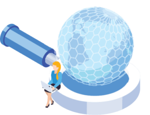 Illustration of the world over a magnifying glass with a woman sitting on the edge. Take a closer look on how to learn SQL