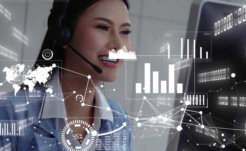 Customer service woman agent smiling surrounded by digital information and customer data analytics tactics