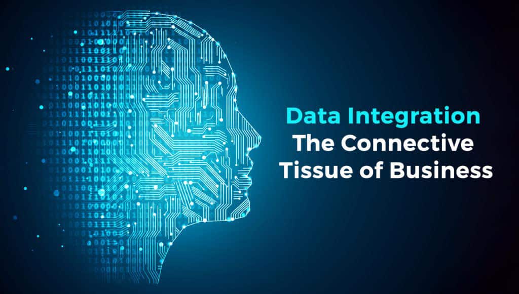 Profile of face composed of 1s and 0s with the text Data Integration. The Connective Tissue of Business. Integration software connecting data from sources is critical to business.