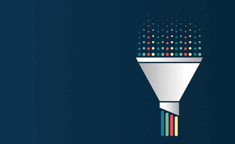Dark blue background illustration with a white funnel that has colored dots at the top and colored lines at the bottom, representing data collection.