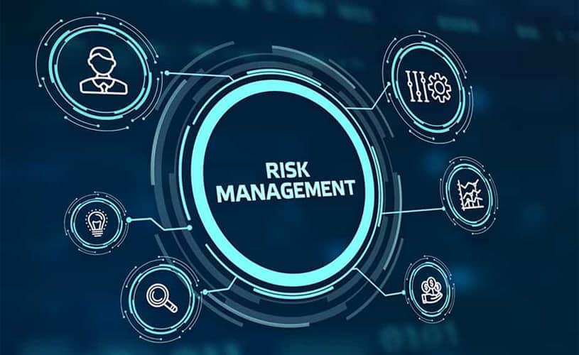 blue data risk management dashboard with icons